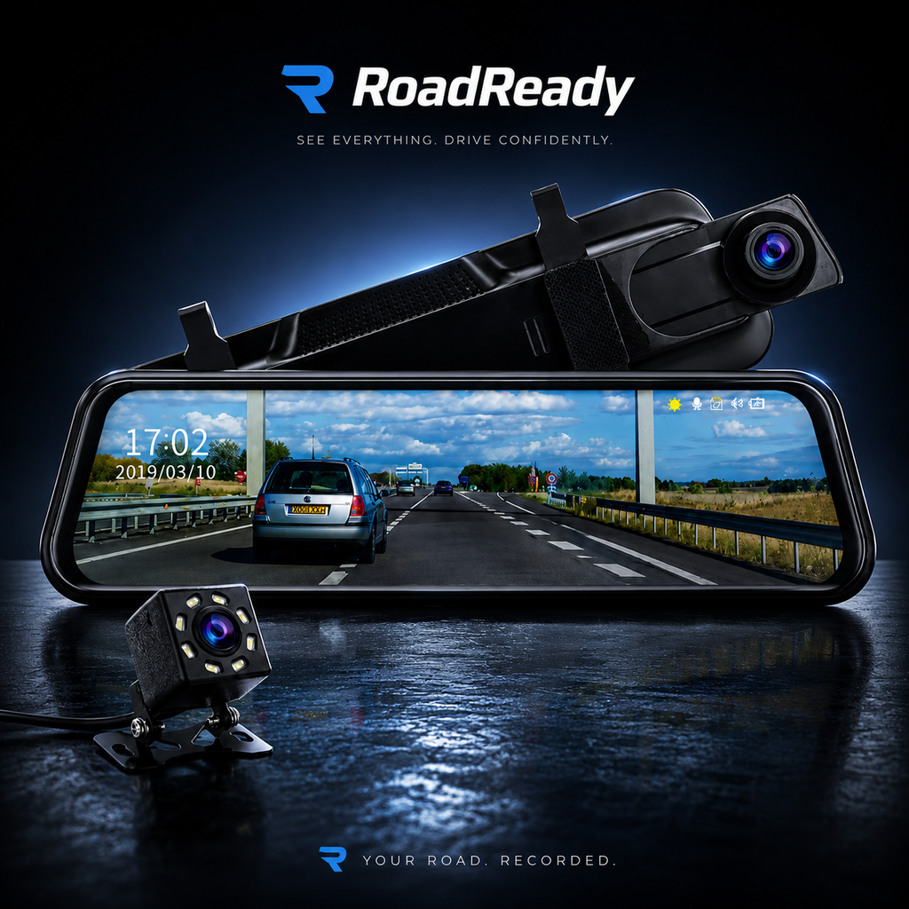 RoadReady Mirror Dash Cam - 10-inch touchscreen rearview mirror replacement