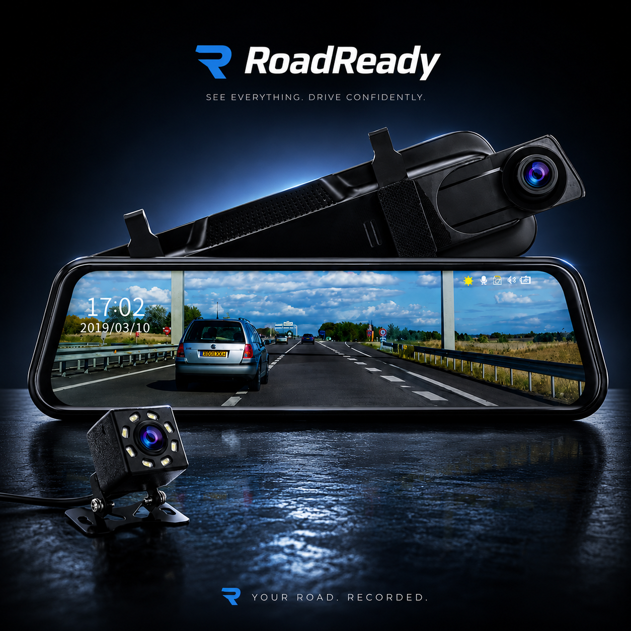 RoadReady Mirror Dash Cam - 10-inch touchscreen rearview mirror replacement