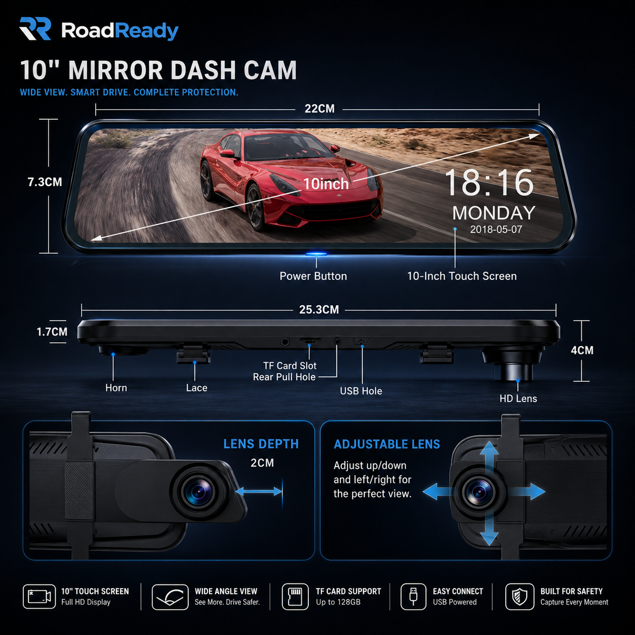 RoadReady Mirror Dash Cam showing front and rear camera footage